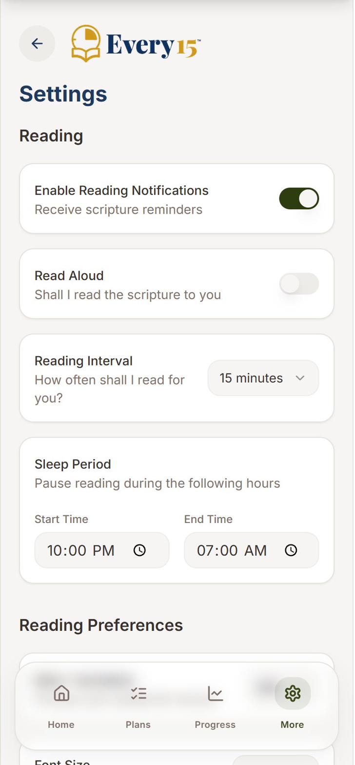 Settings screen showing notification toggles, reading interval selector, and sleep period controls