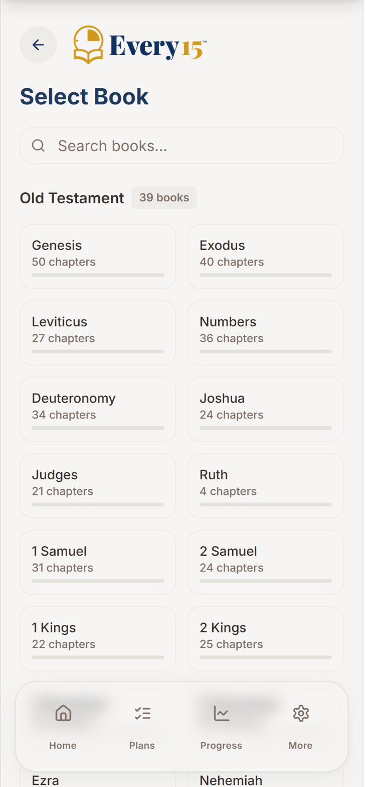 Book selection screen listing all 66 books of the Bible with chapter counts