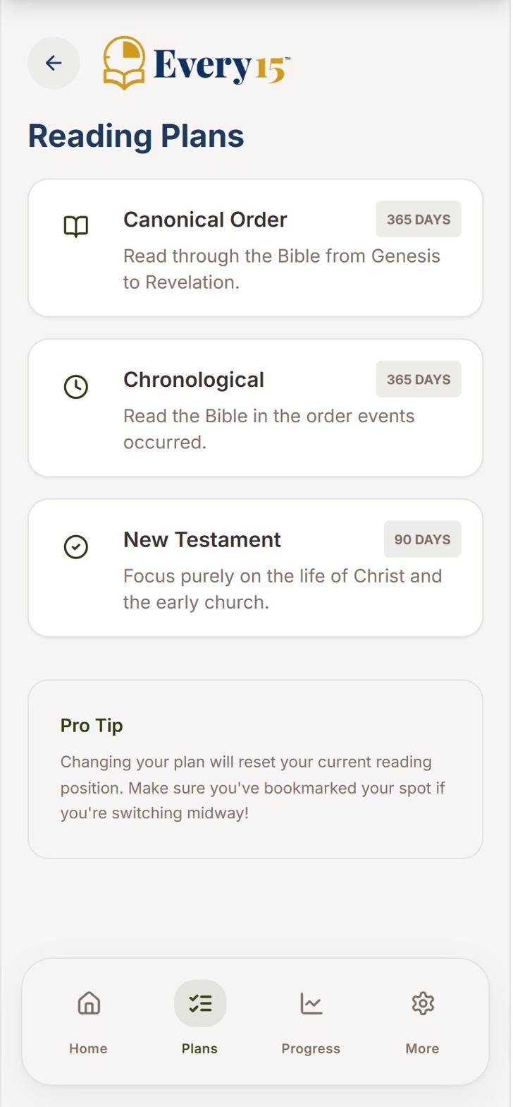Reading Plans screen offering Canonical Order, Chronological, and New Testament plans